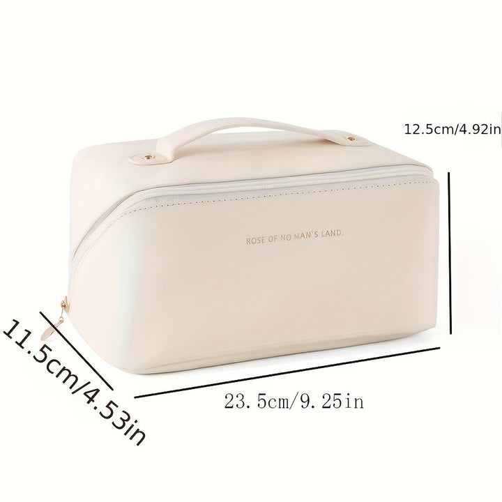 Organisateur de maquillage de luxe rose, trousse de voyage élégante pour femmes et produits de beauté.