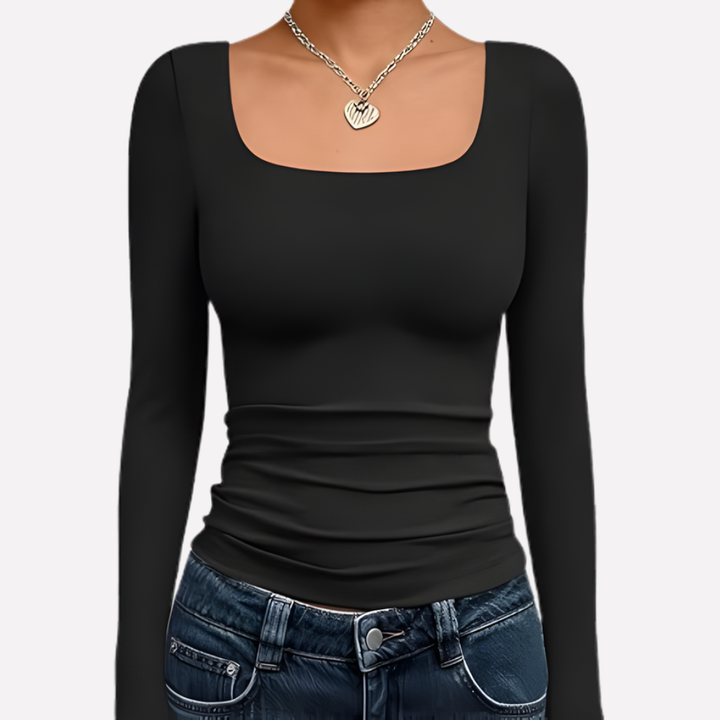 Crop top femme noir élégant, manches longues et encolure carrée. Idéal printemps/automne.
