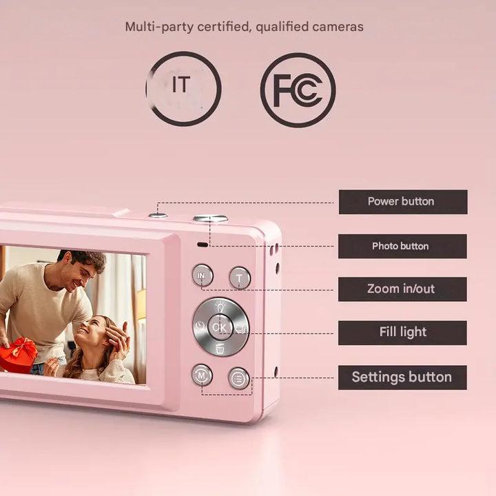 Appareil photo numérique compact style vintage, idéal pour la photographie quotidienne et vidéo Full HD.
