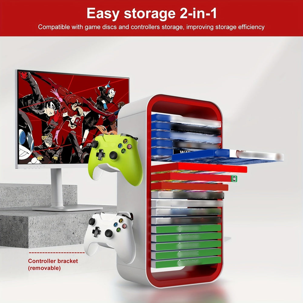 Organisateur de bureau en plastique noir pour jeux vidéo PS5, PS4, Switch et manettes Xbox. Gain de place garanti.