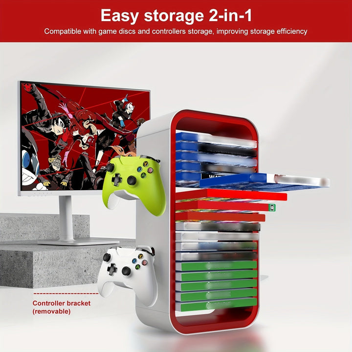 Organisateur de bureau en plastique noir pour jeux vidéo PS5, PS4, Switch et manettes Xbox. Gain de place garanti.