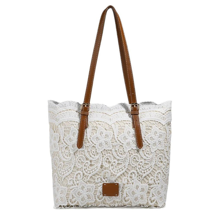 Sac fourre-tout femme, dentelle blanche vintage, grande taille, élégant et romantique, avec poignées en cuir.