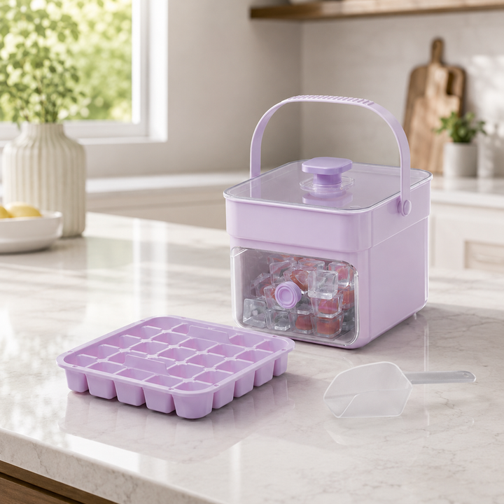 Glaçons parfaits pour boissons estivales, stockés dans un distributeur facile à utiliser pour la maison.