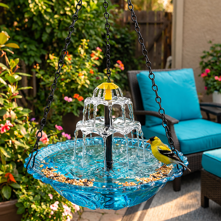 Fontaine solaire suspendue avec cascade relaxante, abreuvoir oiseaux, parfaite pour jardin et terrasse.