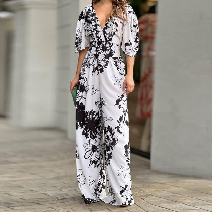 Combinaison femme décontractée et chic à motifs floraux, taille haute, jambe large pour l'été.