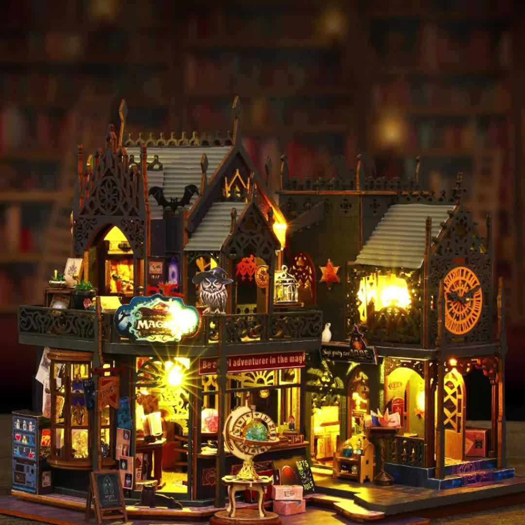 Kit de puzzle 3D en bois 'Maison de Livres Enchantée' à assembler, avec éclairage LED intégré pour une ambiance magique.