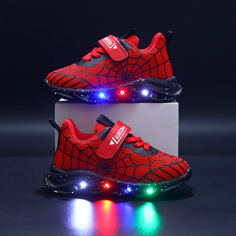 Chaussures LED pour enfants, lumineuses et stylées, motif araignée, parfaites pour la mode enfant.