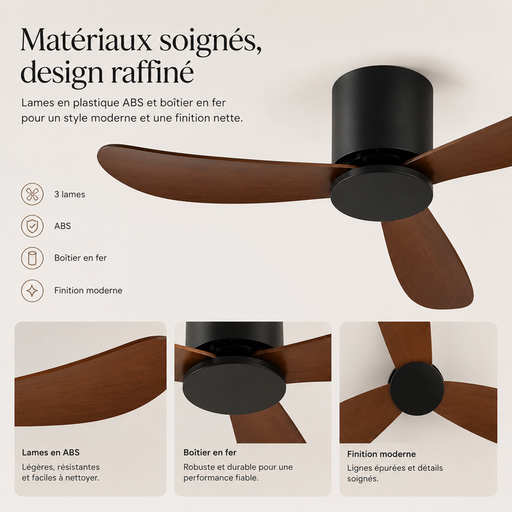 Ventilateur Virellona blanc, design épuré, idéal pour un salon contemporain avec télécommande.