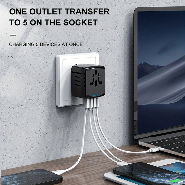 Adaptateur universel multitâche pour voyage, chargeur rapide avec 4 ports USB et 1 Type-C puissant.