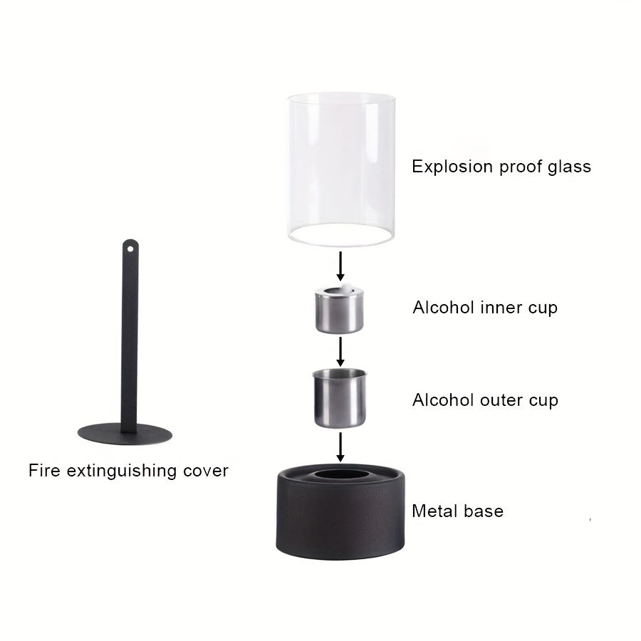 Poêle à alcool portable avec flamme décorative. Cheminée de table pour ambiance extérieure chic.