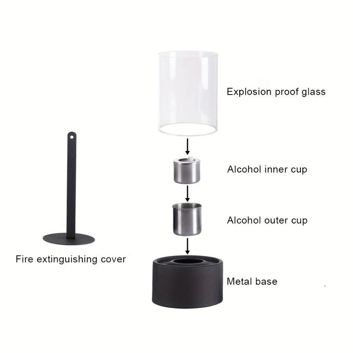 Poêle à alcool portable avec flamme décorative. Cheminée de table pour ambiance extérieure chic.