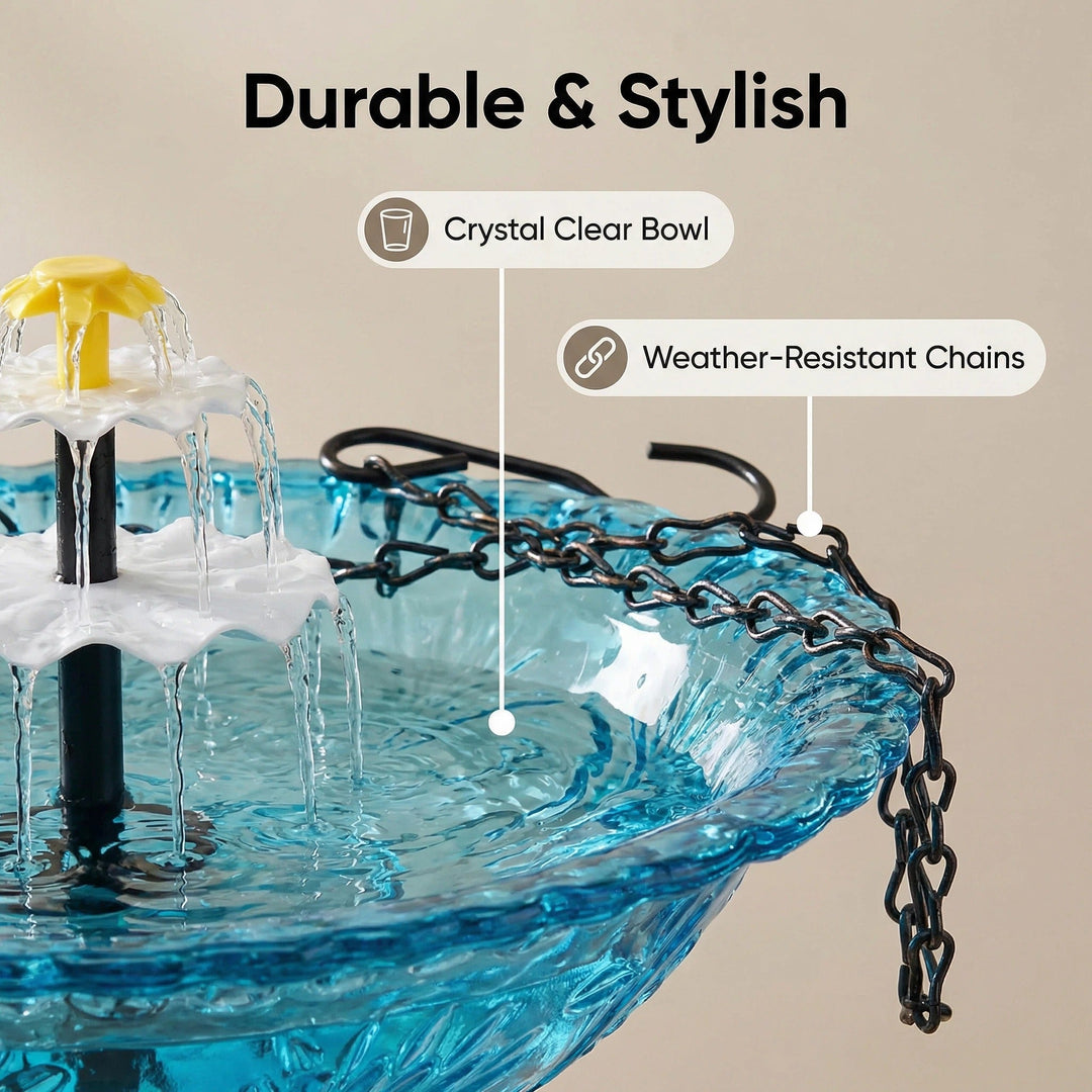 Fontaine solaire suspendue sans fil pour balcon, terrasse ou jardin, abreuvoir oiseaux, cascade décorative.