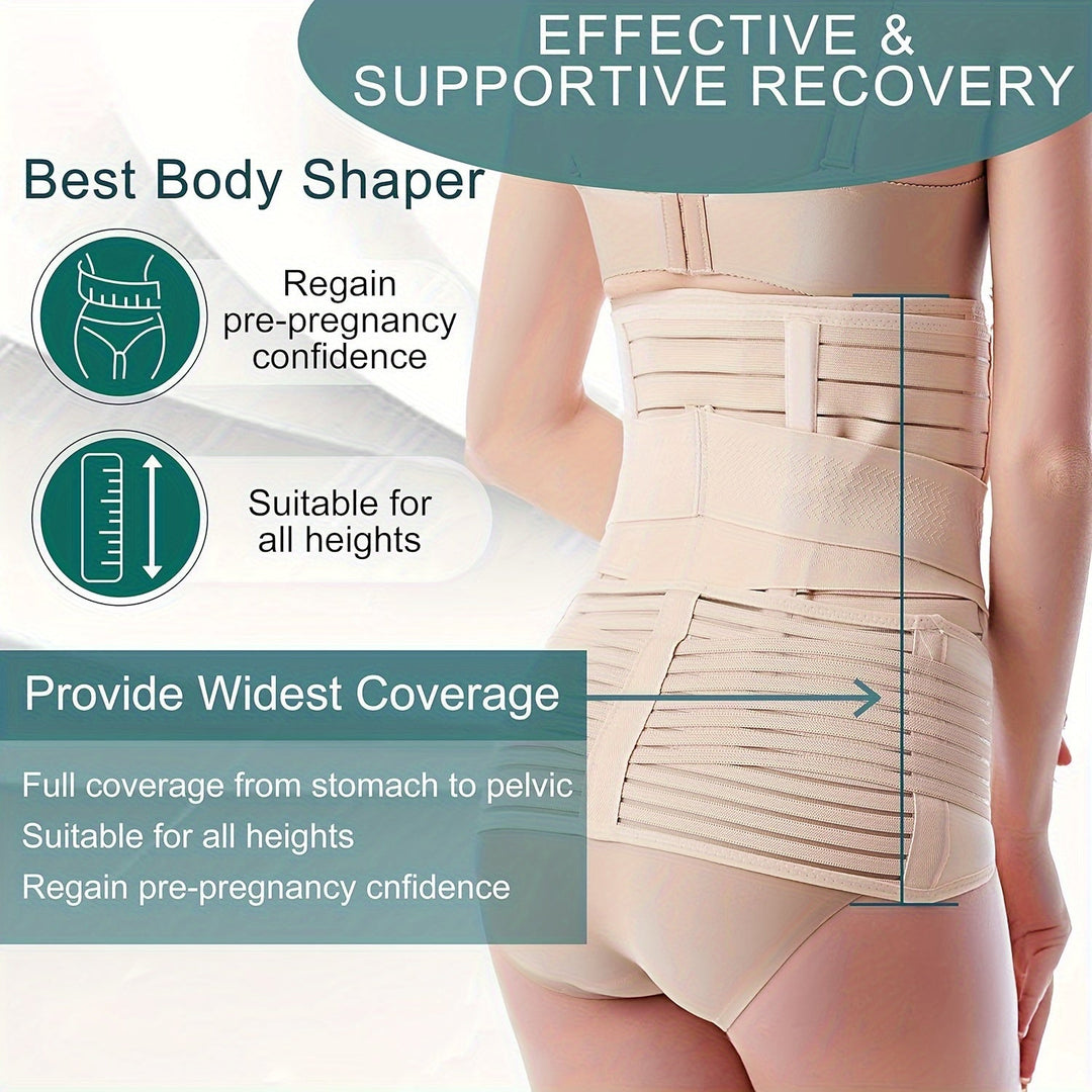 Ceinture de compression abdominale post-partum 3-en-1, offrant soutien ventral et dorsal aux femmes. Taille réglable.