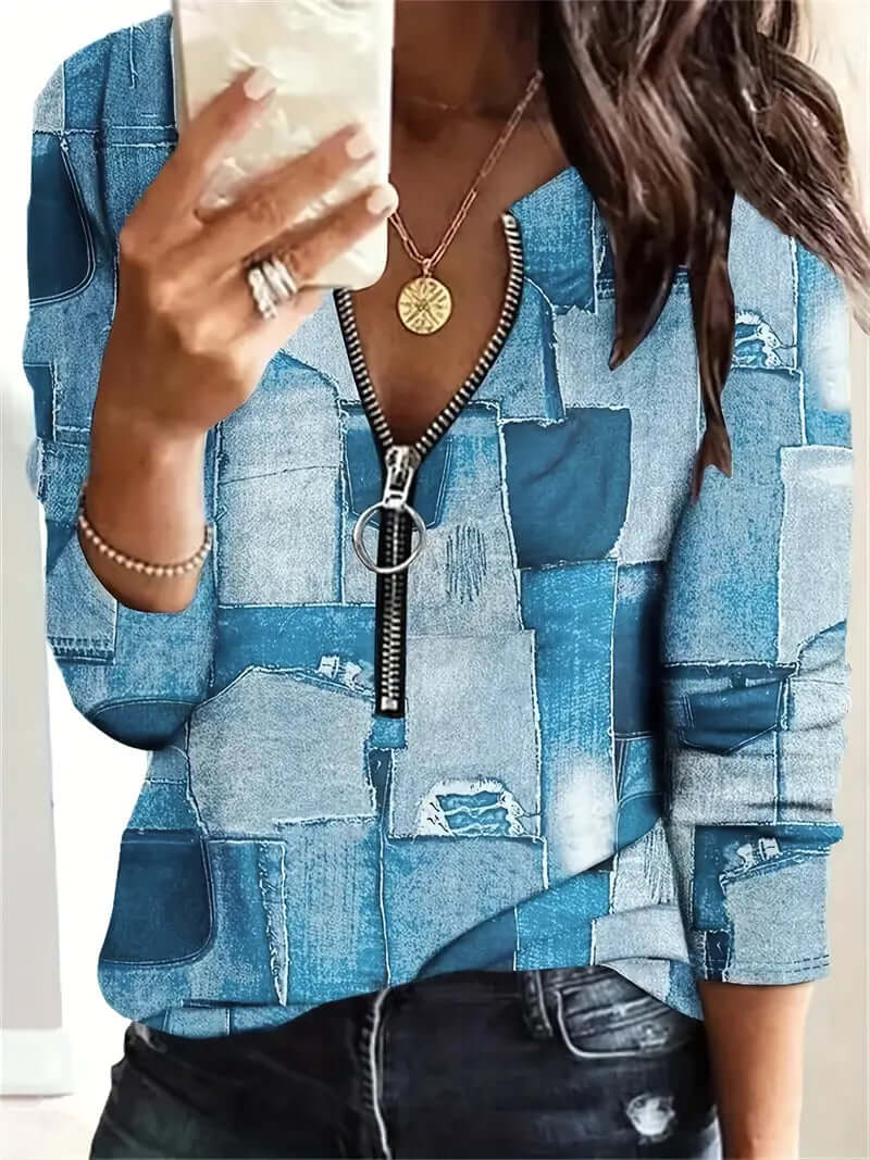 Trendig Denimblus - Långärmad Patchwork