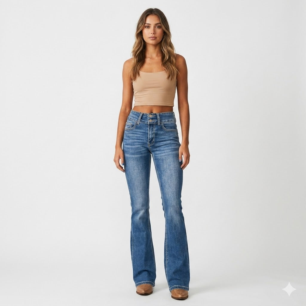 Jeans évasés taille haute sculptés pour femme en denim bleu, style rétro élégant avec 5 poches.