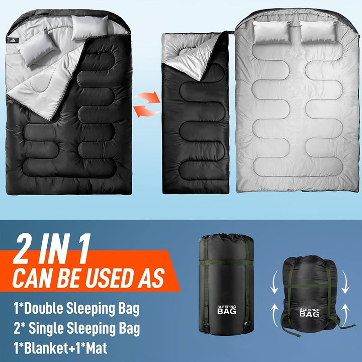 Équipement de camping: sac de couchage déperlant avec oreiller intégré, parfait pour les aventures en plein air.