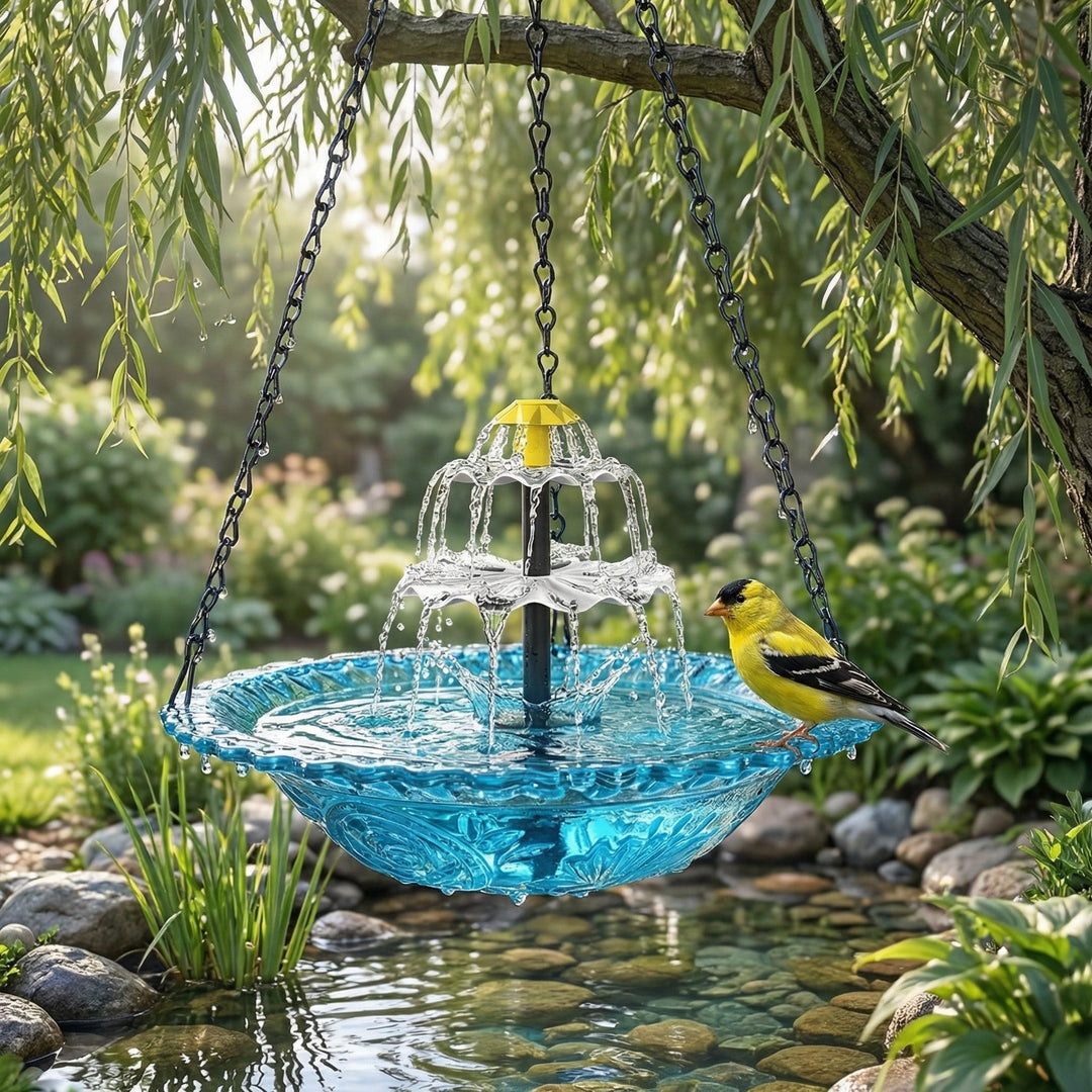 Fontaine solaire suspendue pour jardin et oiseaux, cascade relaxante en verre, décoration extérieure zen.