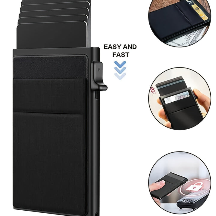 Alternative compacte au portefeuille: porte-cartes RFID homme, éjection automatique, sécurité bancaire garantie.