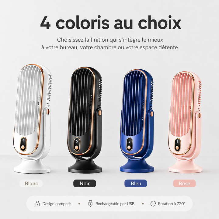 Ventilateur de bureau AeroLux silencieux, avec alimentation USB et rotation 720°, parfait pour travailler.