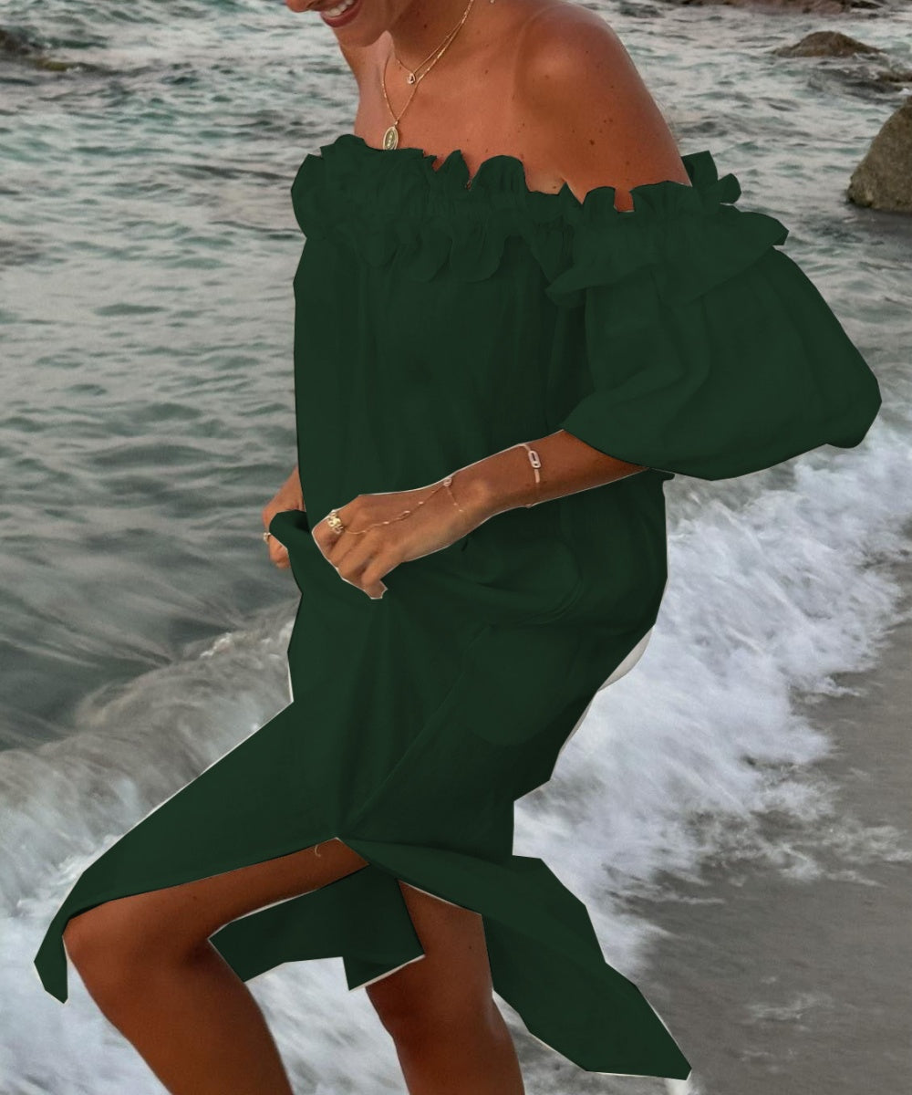 Robe maxi femme bohème chic Valentina. Modèle épaules dénudées et volants, idéal pour plage et élégance estivale.