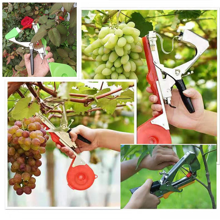 Vue rapprochée du Pistolet Attache-Plantes StemTie avec ruban non tissé pour palissage efficace.