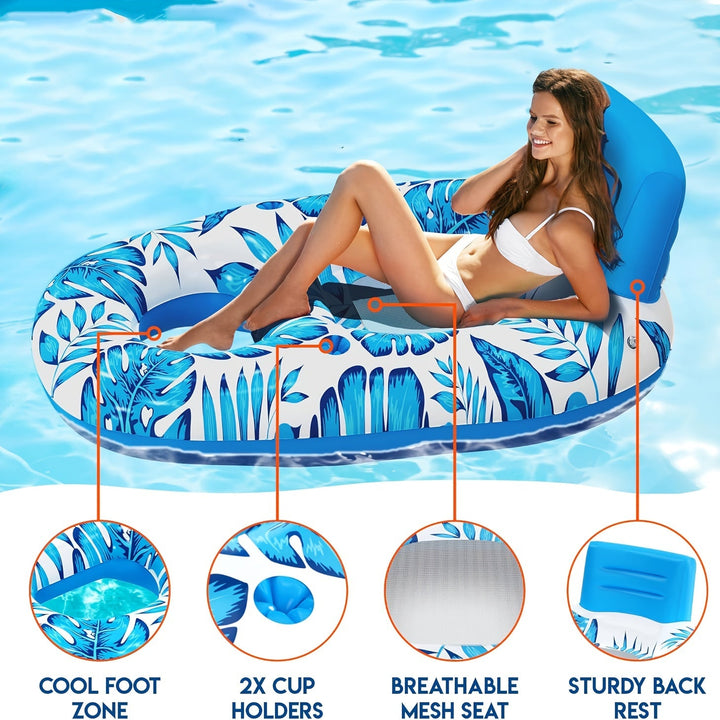 Profitez de l'été avec la bouée gonflable TropiFloat et son dossier. Idéale pour se détendre confortablement dans l'eau.