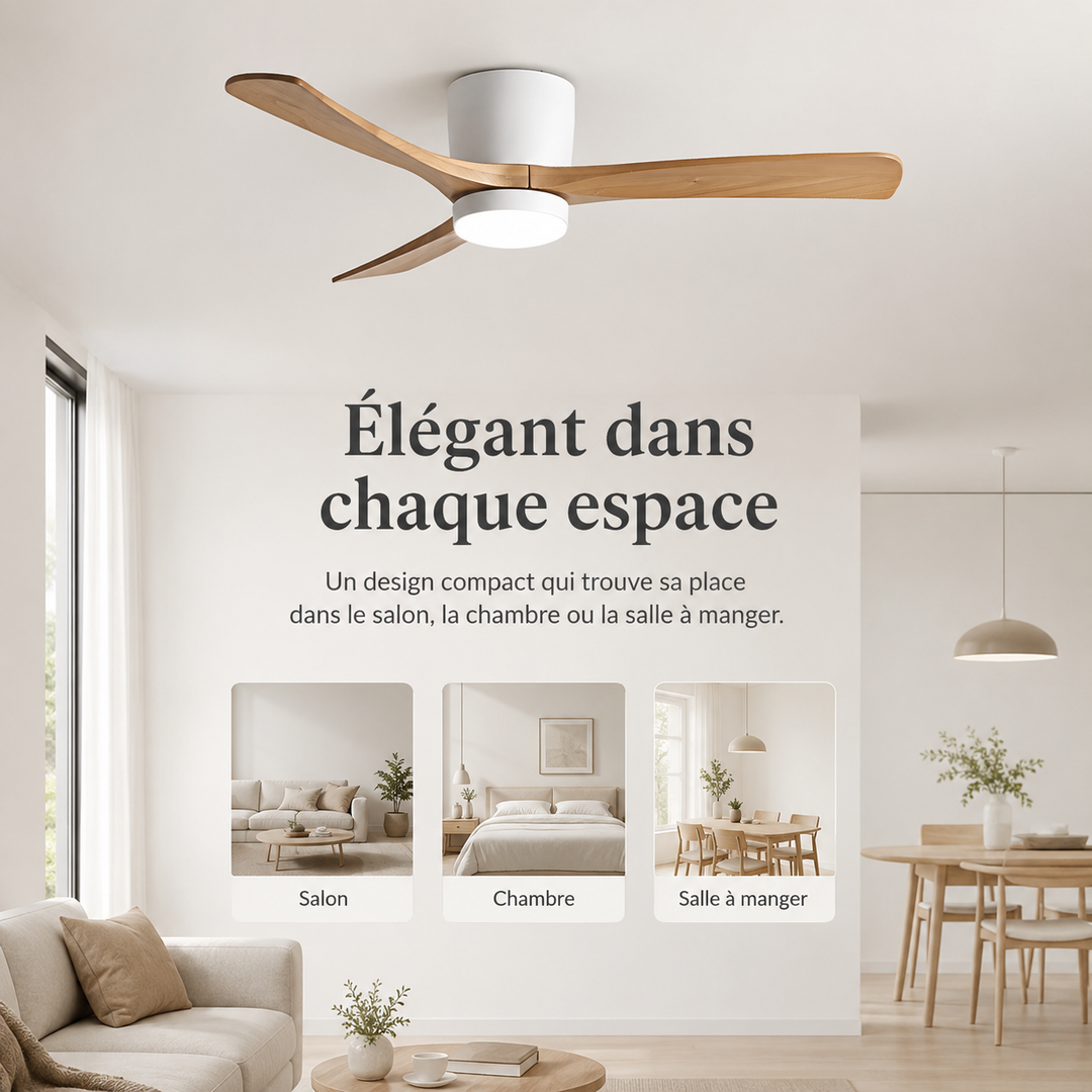 Éclairage et ventilation : ventilateur de plafond LED, pales en bois, style scandinave moderne.