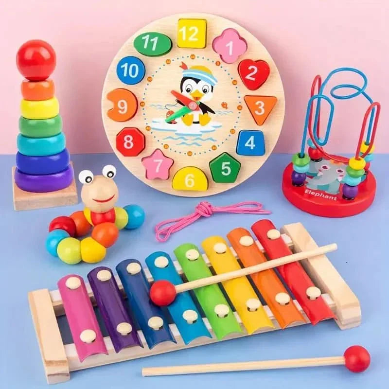 Jeu éducatif Montessori 5-en-1 en bois dès 6 mois, stimule éveil et exploration.