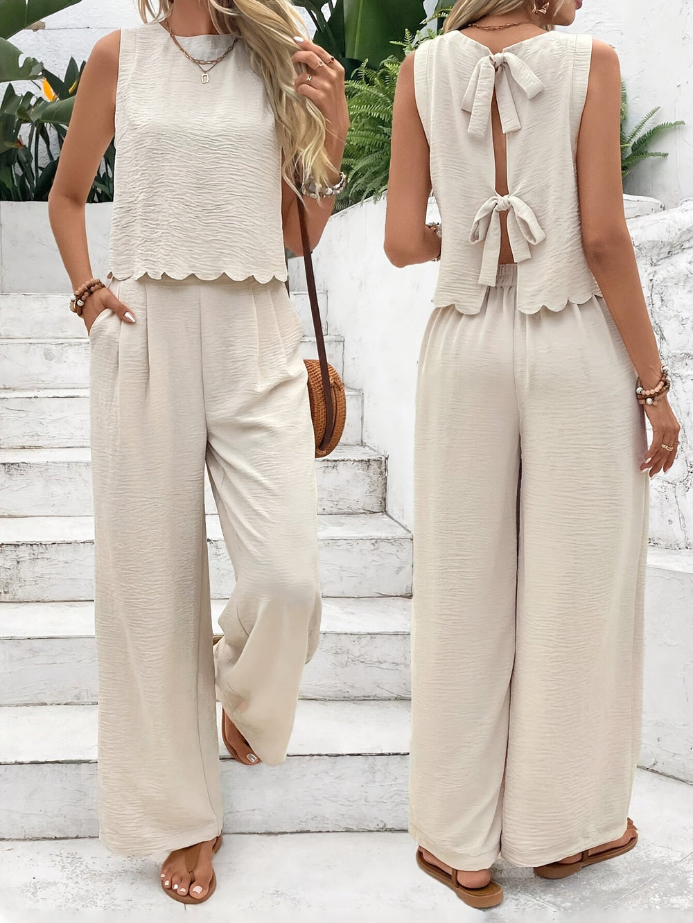 Ensemble femme beige élégant : gilet sans manches et pantalon pétale confortable. Mode printemps-été.