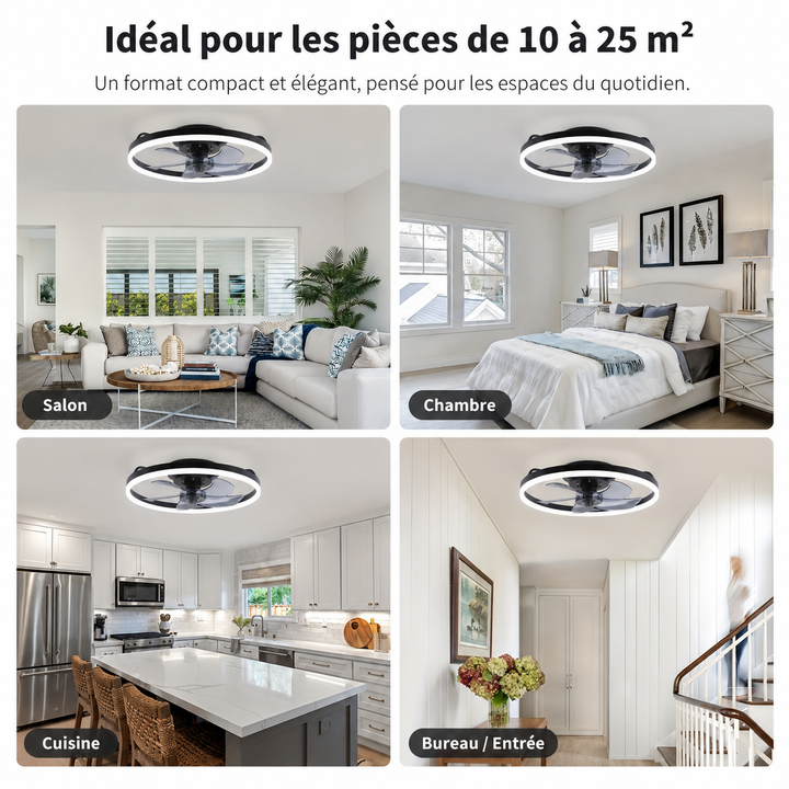 Ventilateur de plafond silencieux SilentBreeze 50 cm, parfait pour salon ou chambre, design épuré, économe.