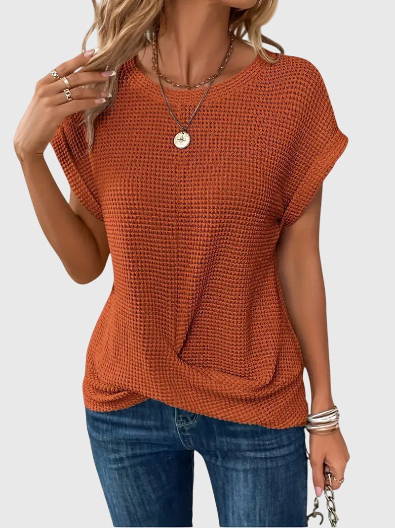 Blouse femme à col rond, un essentiel mode élégant et polyvalent pour le printemps-été. Style décontracté.