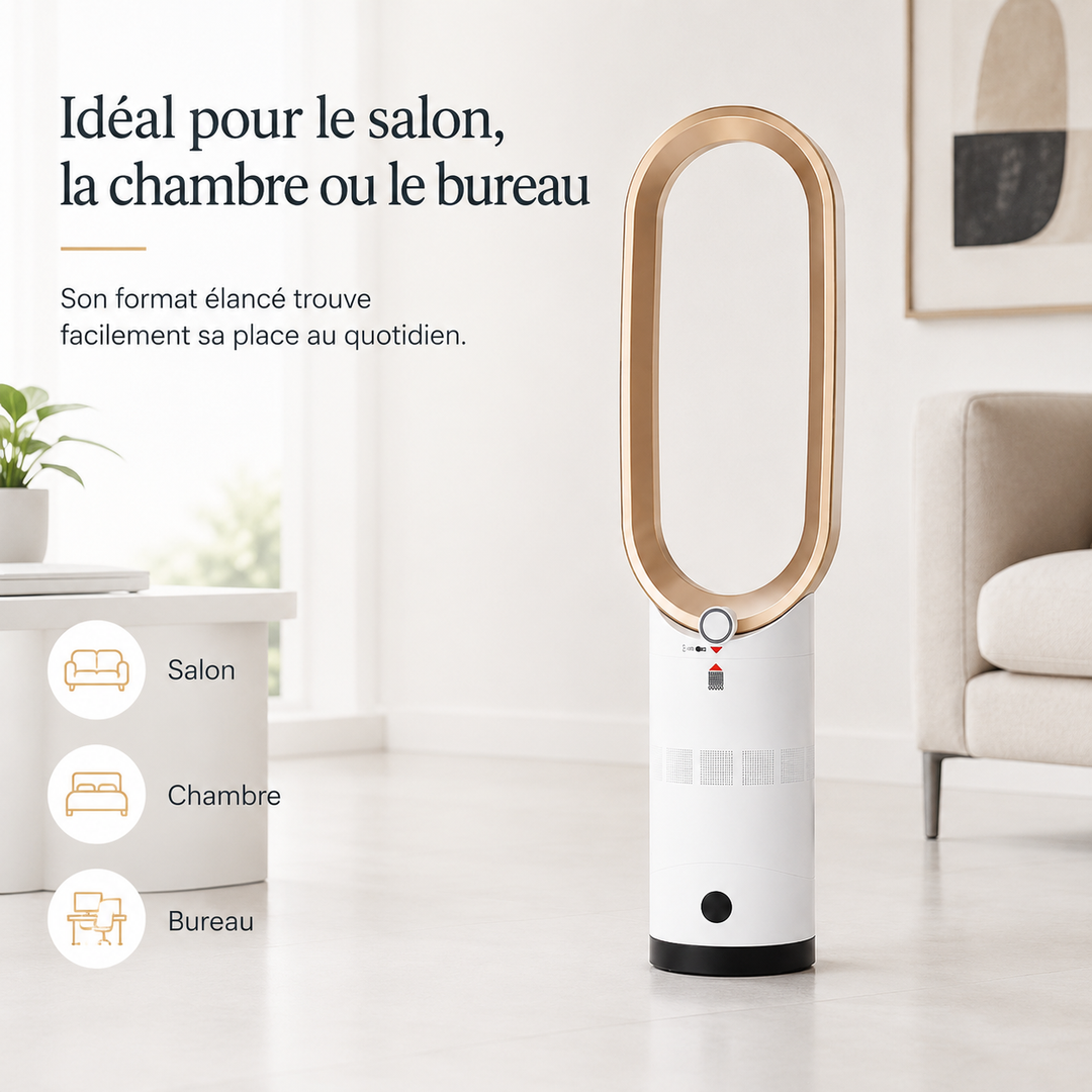 Ventilateur colonne élégant, sans pales, design moderne. Offre air frais et purification par ionisateur.