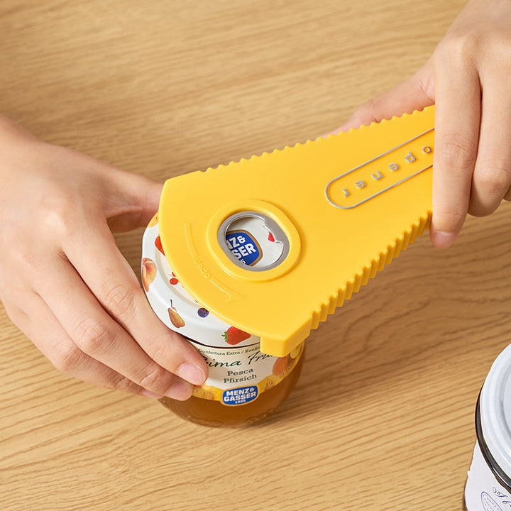 Polyvalent GripOpener, ouvre-bouteilles et boîtes jaune, essentiel pour une cuisine simple et accessible.