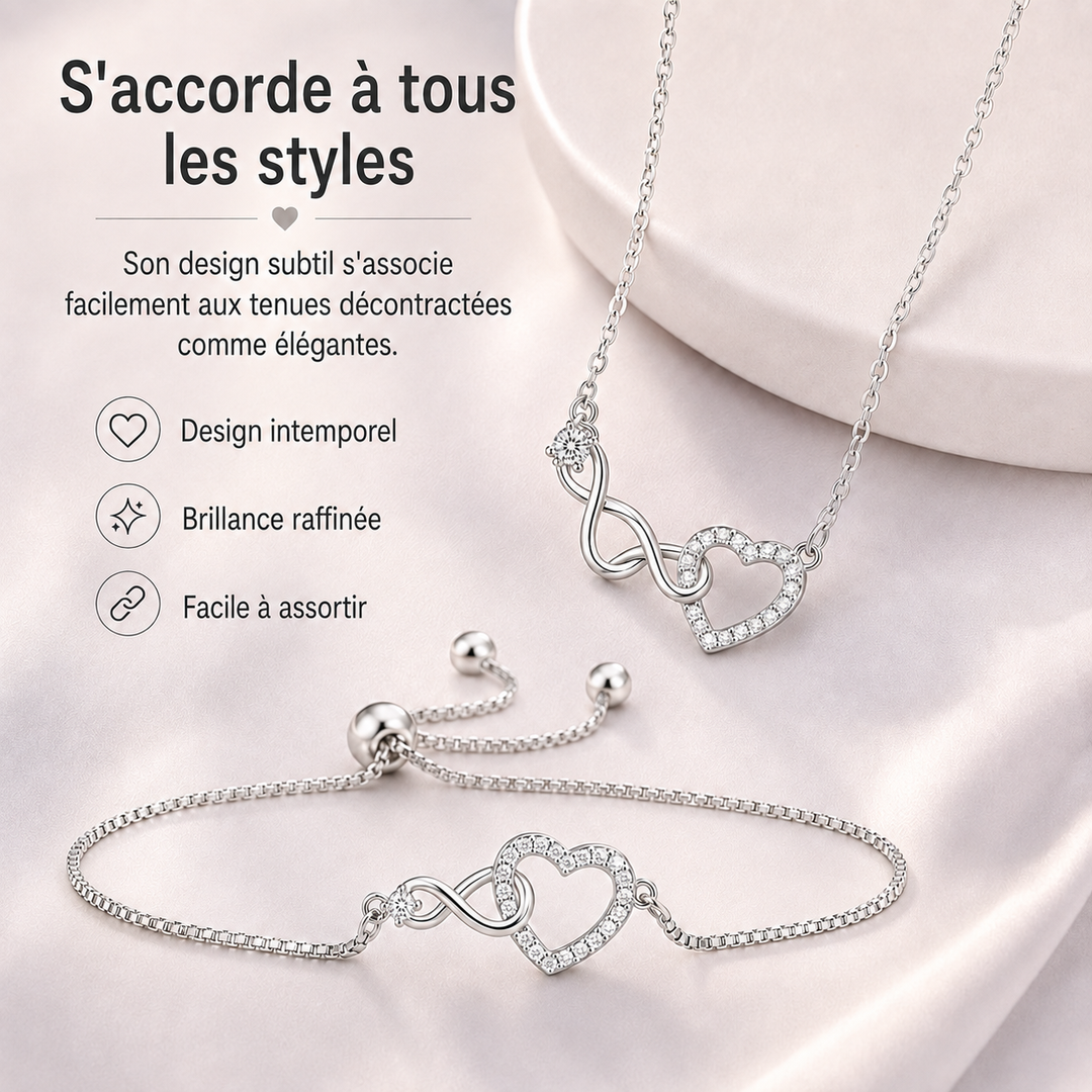 Bijoux femme romantique : collier cœur zircone et bracelet assorti, cadeau idéal.