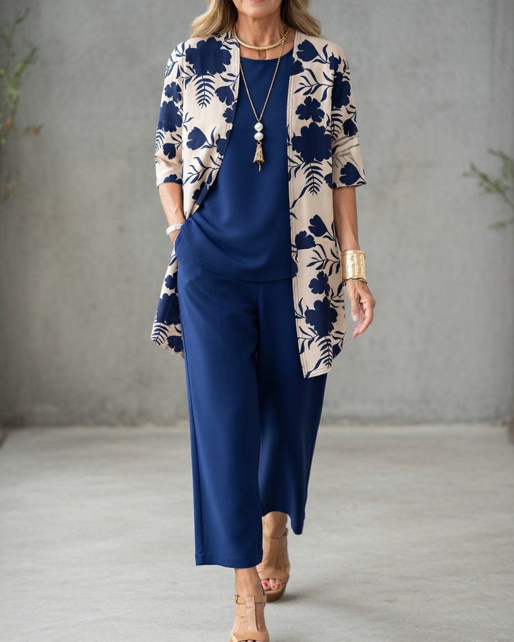 Ensemble femme 3 pièces fluide et élégant, avec pantalon large et cardigan. Idéal confort quotidien, mode été.