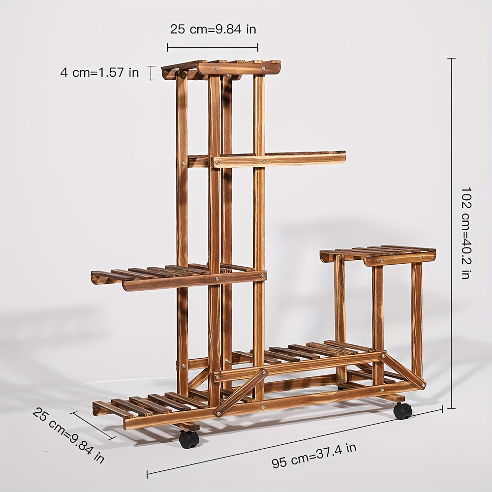 Étagère à plantes durable en bois carbonisé, 6 niveaux pour un affichage élégant de vos plantes.