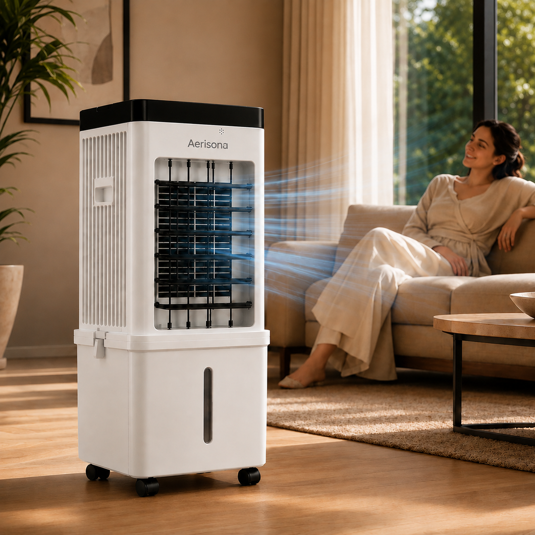 Refroidisseur d'air évaporatif avec cristaux de glace pour un air frais sans évacuation, confort maison.