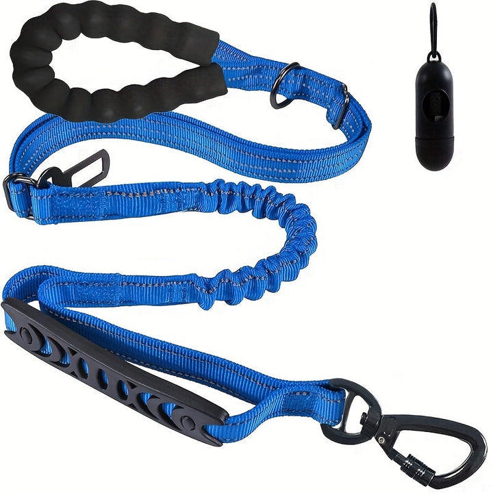 Laisse réfléchissante pour la sécurité nocturne du chien, avec système bungee amortissant et réglable.