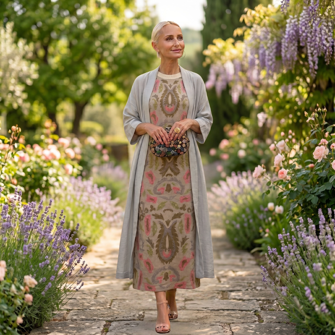 Ensemble robe longue et veste femme, accentuant la mode féminine avec élégance et confort.