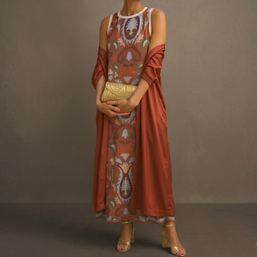 Robe longue femme à imprimé artistique et veste assortie, un ensemble chic pour le printemps-été.