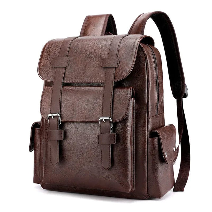 Détail de la poignée et des coutures d'un sac à dos homme en cuir PU, finition de haute qualité.