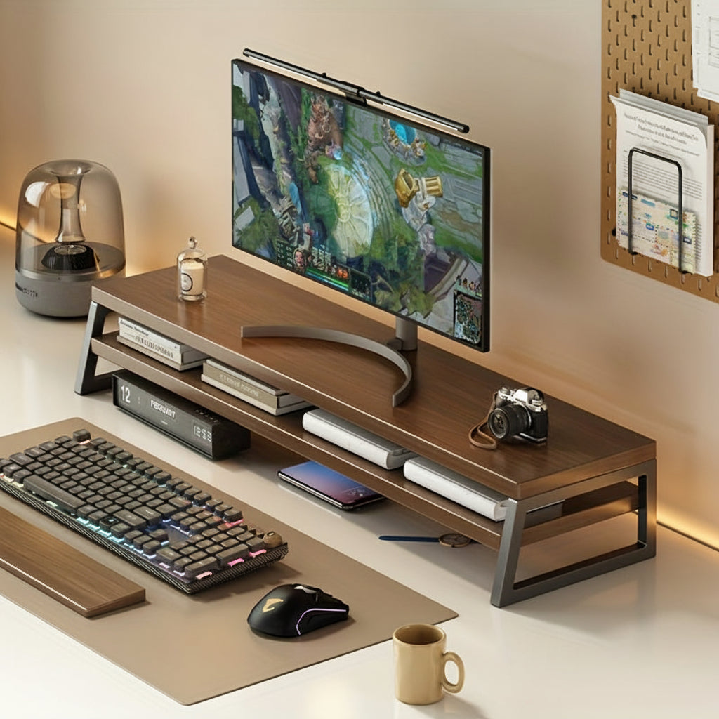Gain d'espace sur le bureau avec ce support ergonomique et organiseur d'écran, parfait pour un environnement de travail rangé.