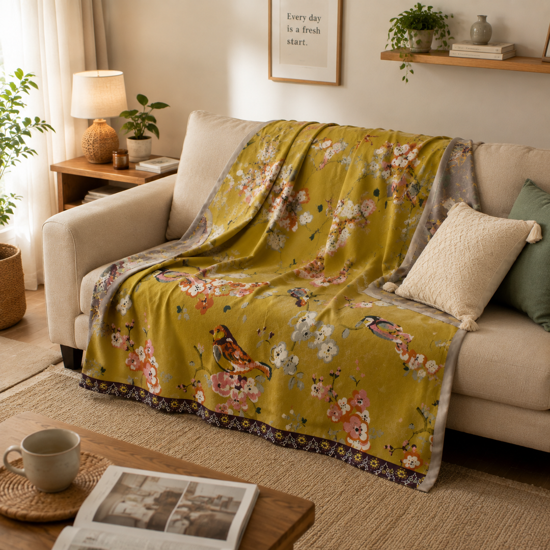 Literie coton jacquard: couverture florale réversible. Parfaite pour chambre à coucher, style bohème et confort.