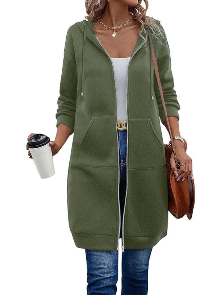 Sweat femme long à capuche zippé, avec poches. Style tunique décontracté, parfait pour layering mode.