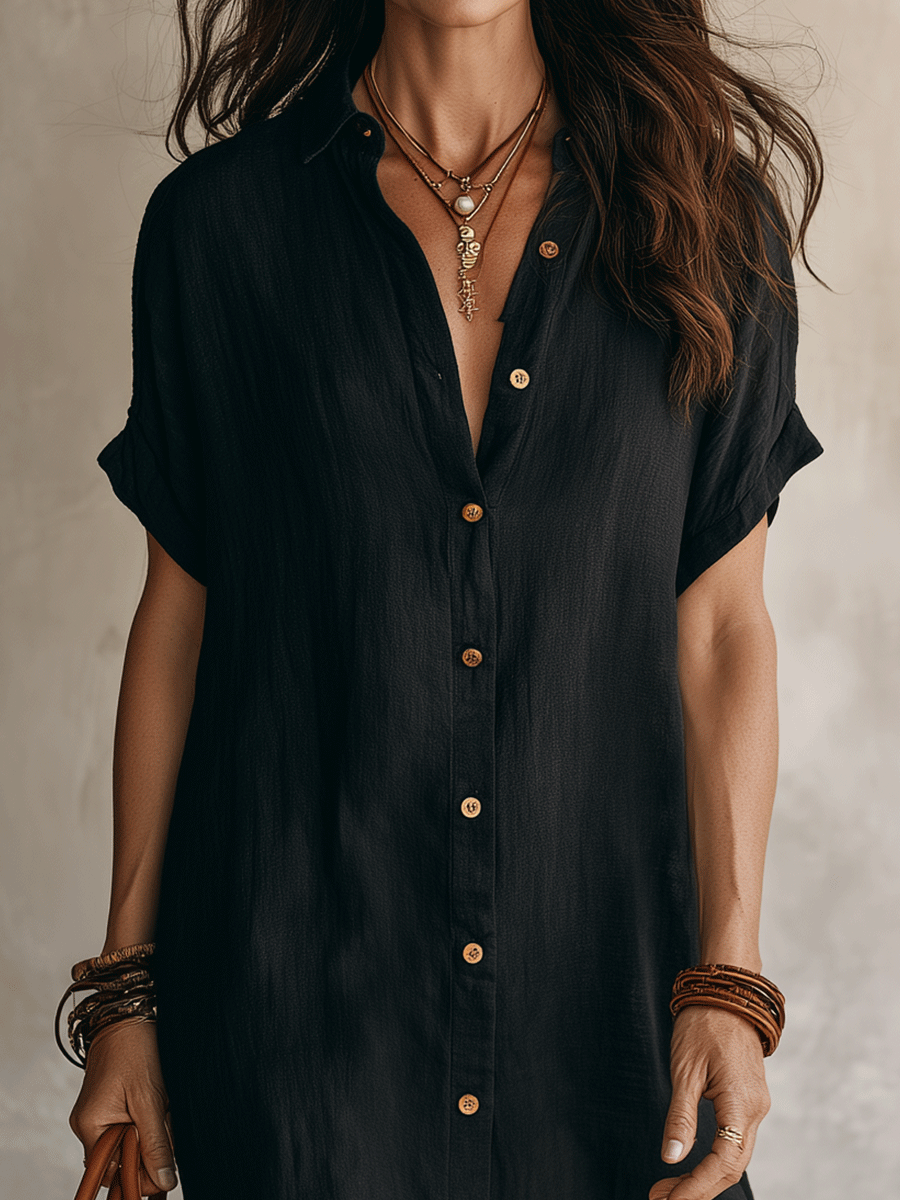 Robe midi boutonnée femme, coupe chemise élégante, idéale pour un look décontracté chic en été ou au printemps.