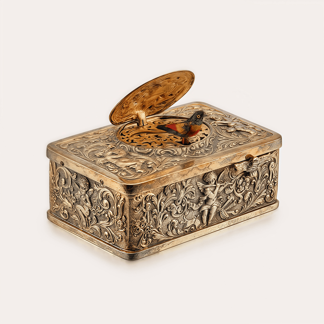 Boîte à musique mécanique vintage Elowen avec ornement d'oiseau, idéale pour décoration rétro élégante.