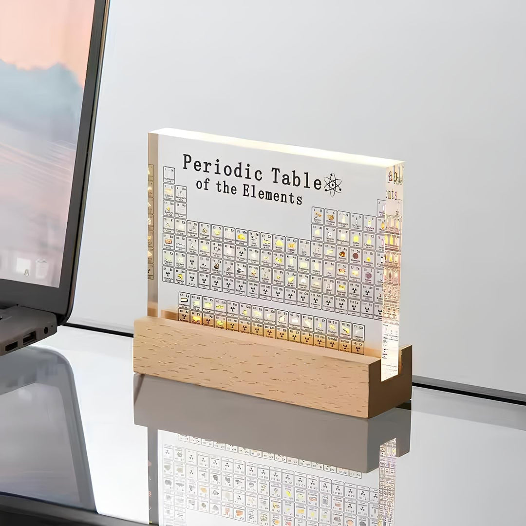 Tableau périodique lumineux en acrylique, avec des éléments réels. Une pièce éducative et décorative brillante.