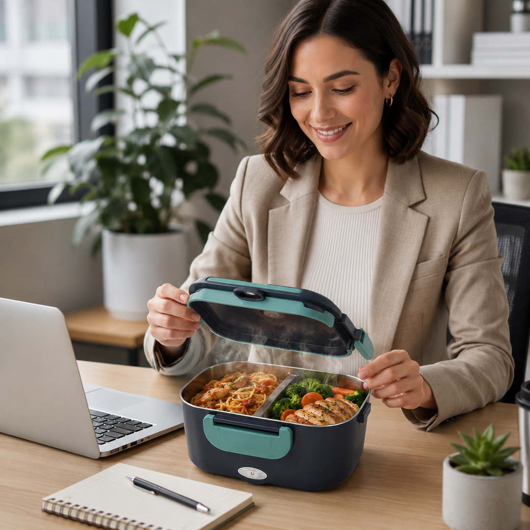 Déjeuner chaud garanti avec la boîte à lunch électrique portable HotBox. Acier inoxydable et anti-fuite.