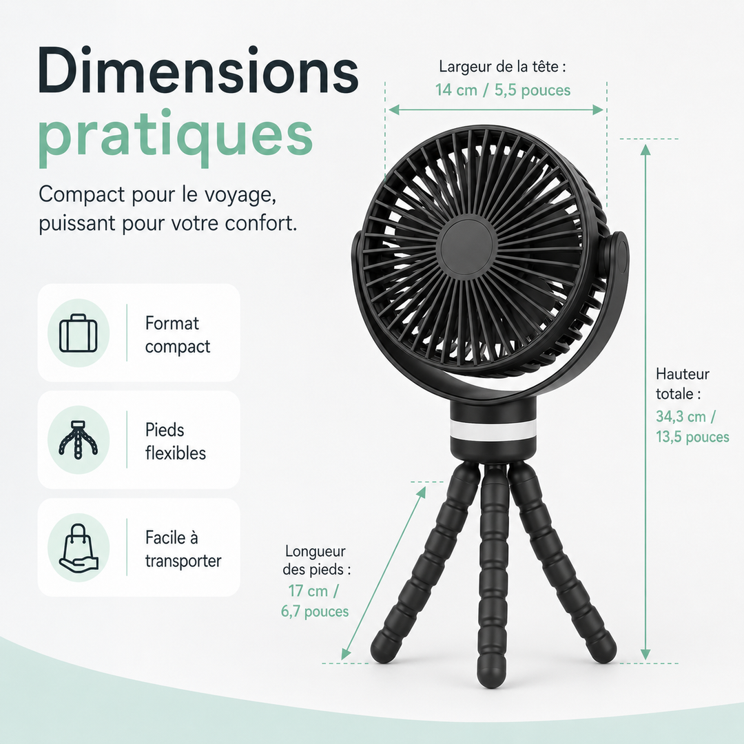 Ventilateur USB rechargeable pliable pour transport et utilisation aisés.