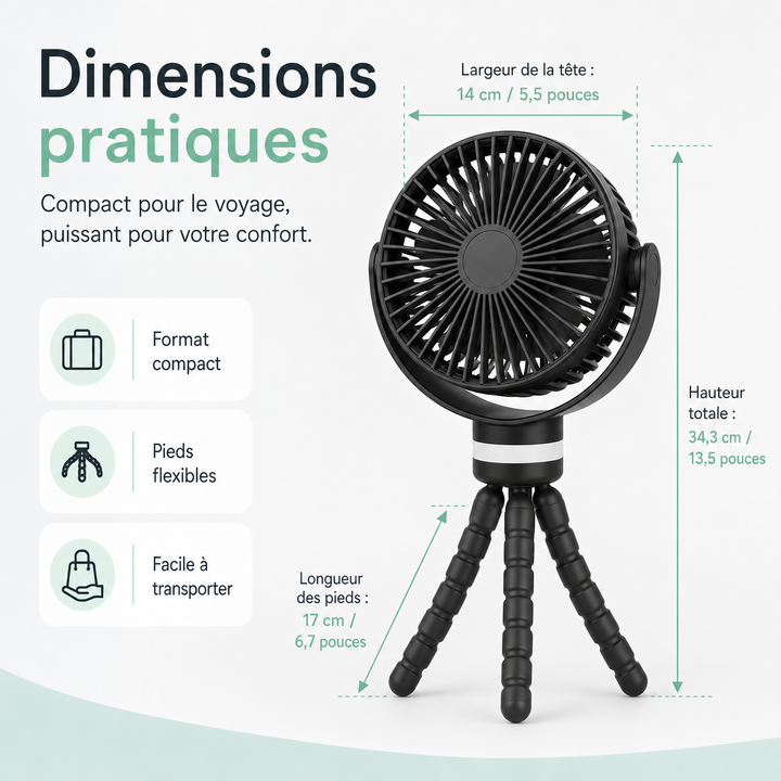 Ventilateur USB rechargeable pliable pour transport et utilisation aisés.